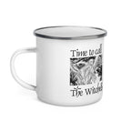 White enamel mugs with an illustration of a rusalka by Ivan Bilibin, with saying "Time to call the witches."