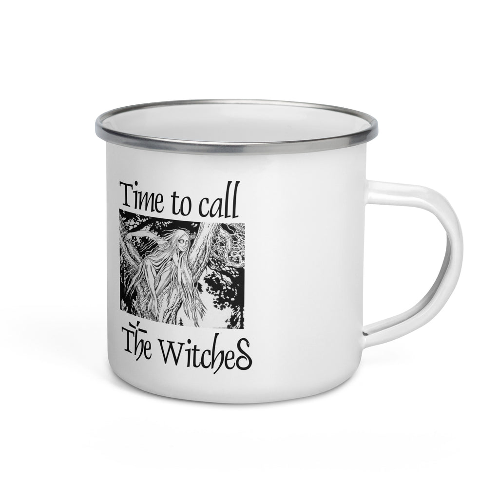 White enamel mugs with an illustration of a rusalka by Ivan Bilibin, with saying "Time to call the witches."