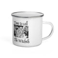White enamel mugs with an illustration of a rusalka by Ivan Bilibin, with saying "Time to call the witches."