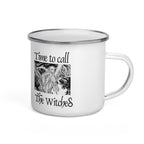 White enamel mugs with an illustration of a rusalka by Ivan Bilibin, with saying "Time to call the witches."