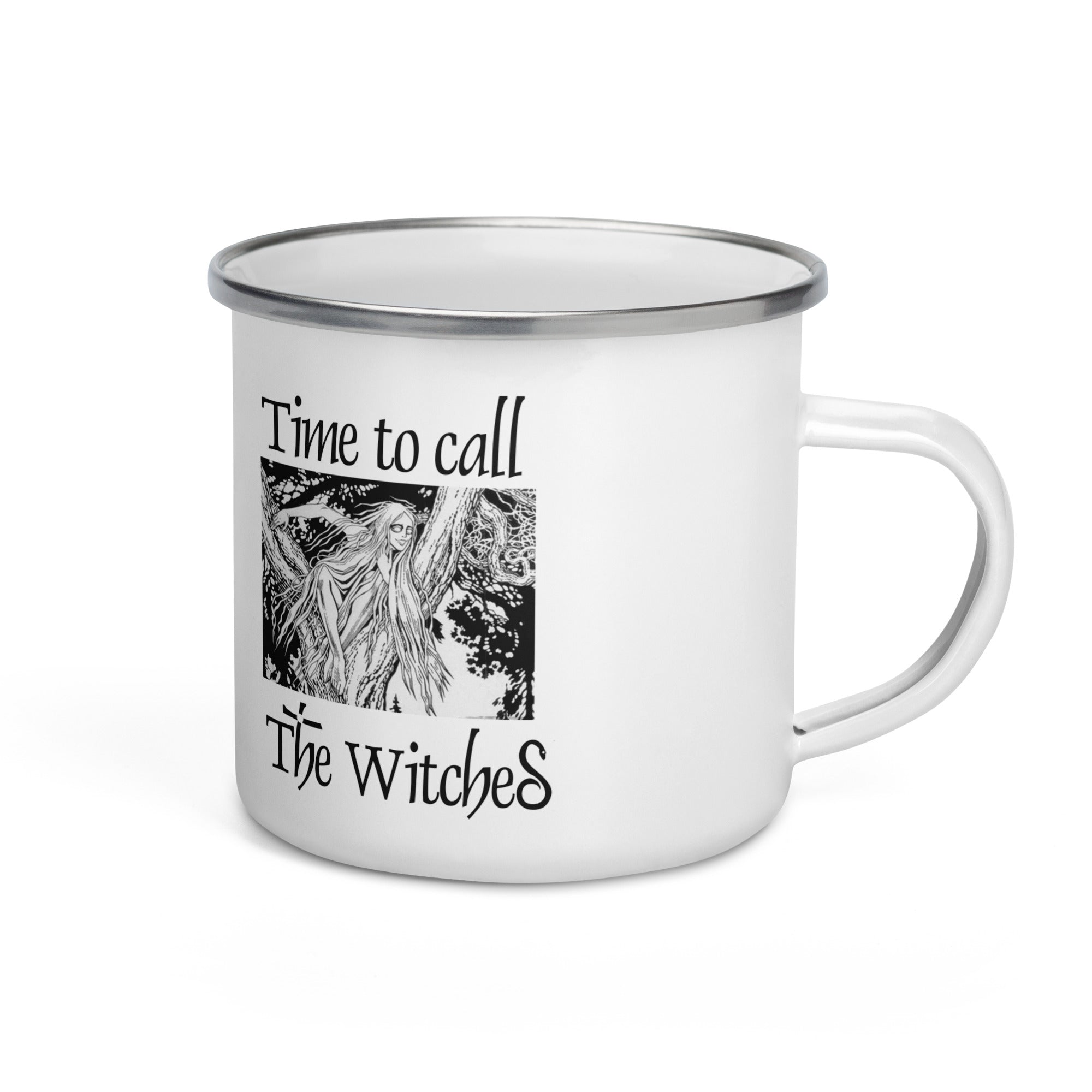 White enamel mugs with an illustration of a rusalka by Ivan Bilibin, with saying "Time to call the witches."