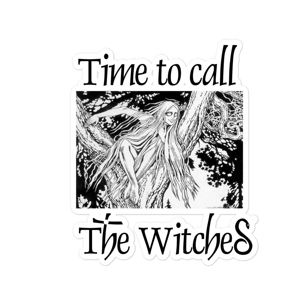 Vinyl sticker with an illustration of a rusalka by Ivan Bilibin, with saying "Time to call the witches."