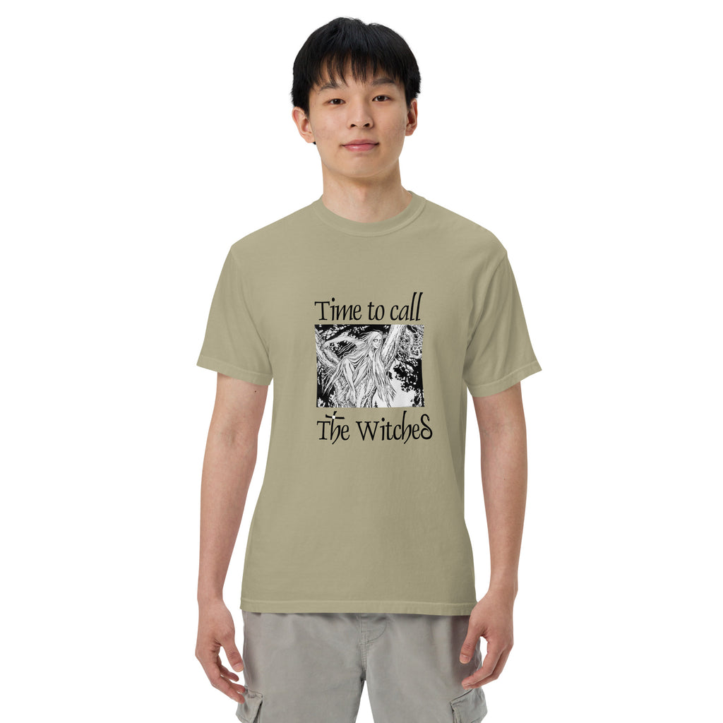 T-shirt with an illustration of a rusalka by Ivan Bilibin, with saying "Time to call the witches."