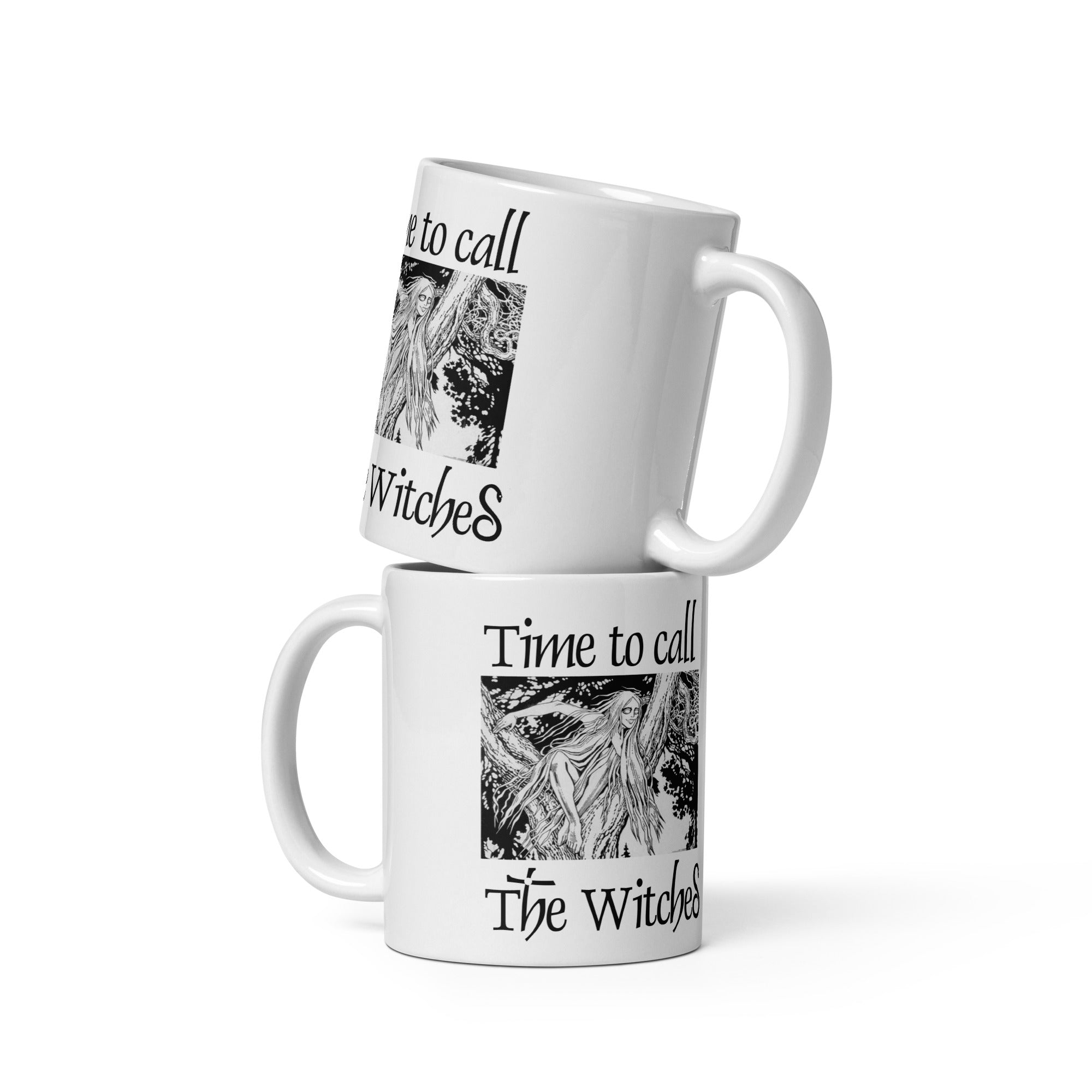 Mockup of two white mugs with an illustration of a rusalka by Ivan Bilibin, with saying "Time to call the witches."