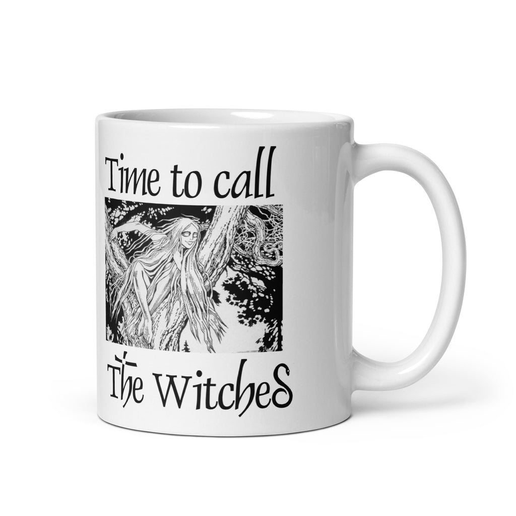White mug with an illustration of a rusalka by Ivan Bilibin, with saying "Time to call the witches."