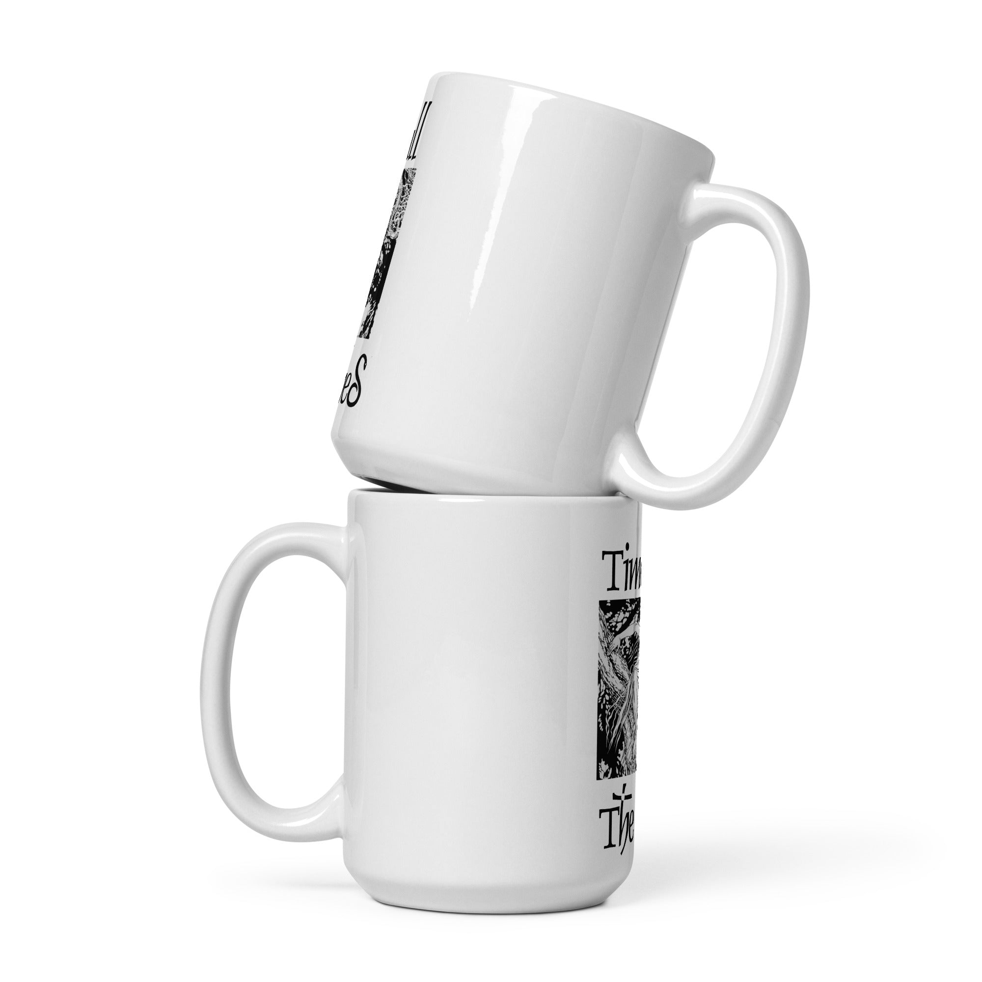 Mockup of two white mugs with an illustration of a rusalka by Ivan Bilibin, with saying "Time to call the witches."mockup