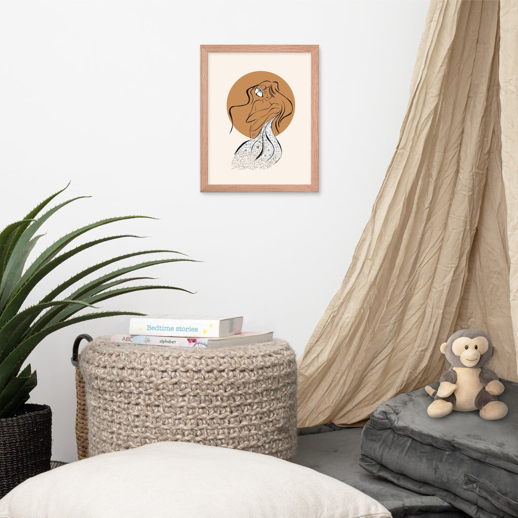 Mockup of tan framed poster of a Samodiva, a divine folklore spirit digital art print by Nelinda. Illustration portraying the Samodiva as a divine forest spirit.