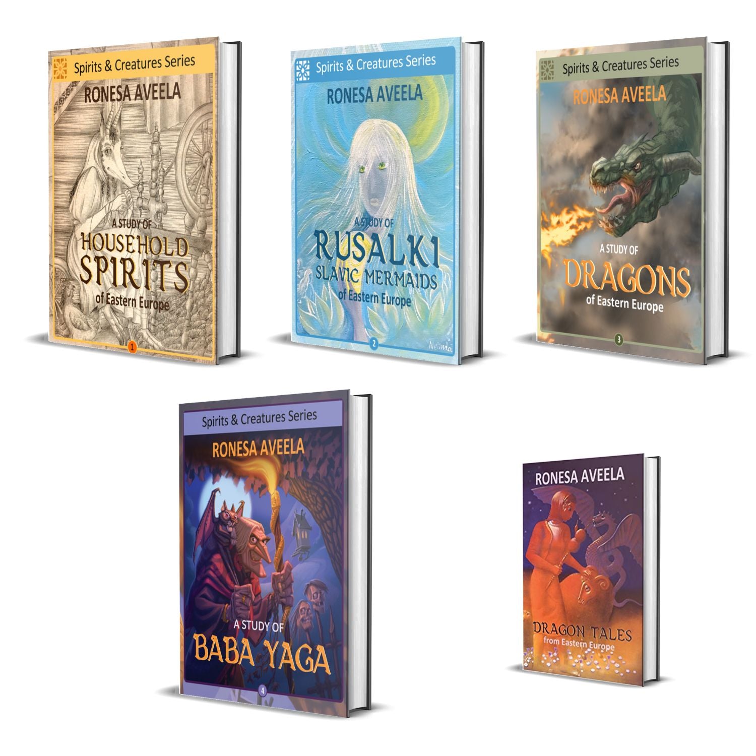 Covers of Spirits & Creatures series by Ronesa Aveela, hardcovers exploring Slavic spirits and folklore